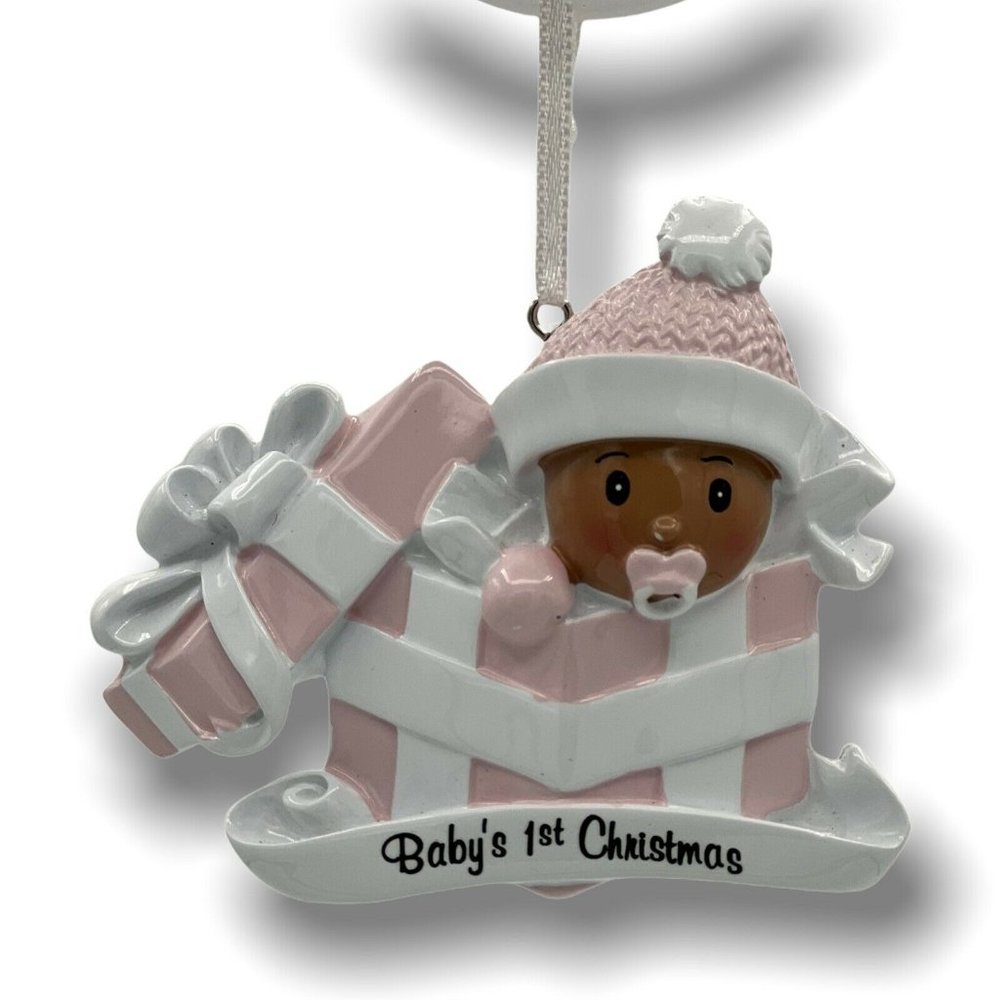 African American Baby Girl 1st Christmas Pink Black Christmas Tree Ornament